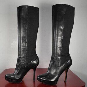 Women's Joan & David Black Leather Knee High Heel Platform Stretch Boots 7.5